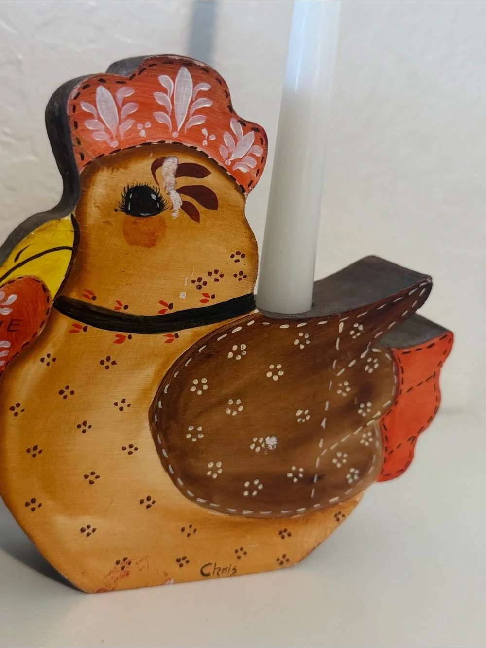 Vintage Hand Painted On Both Side Hen Chicken Candleholder Cottagecore 12X7”